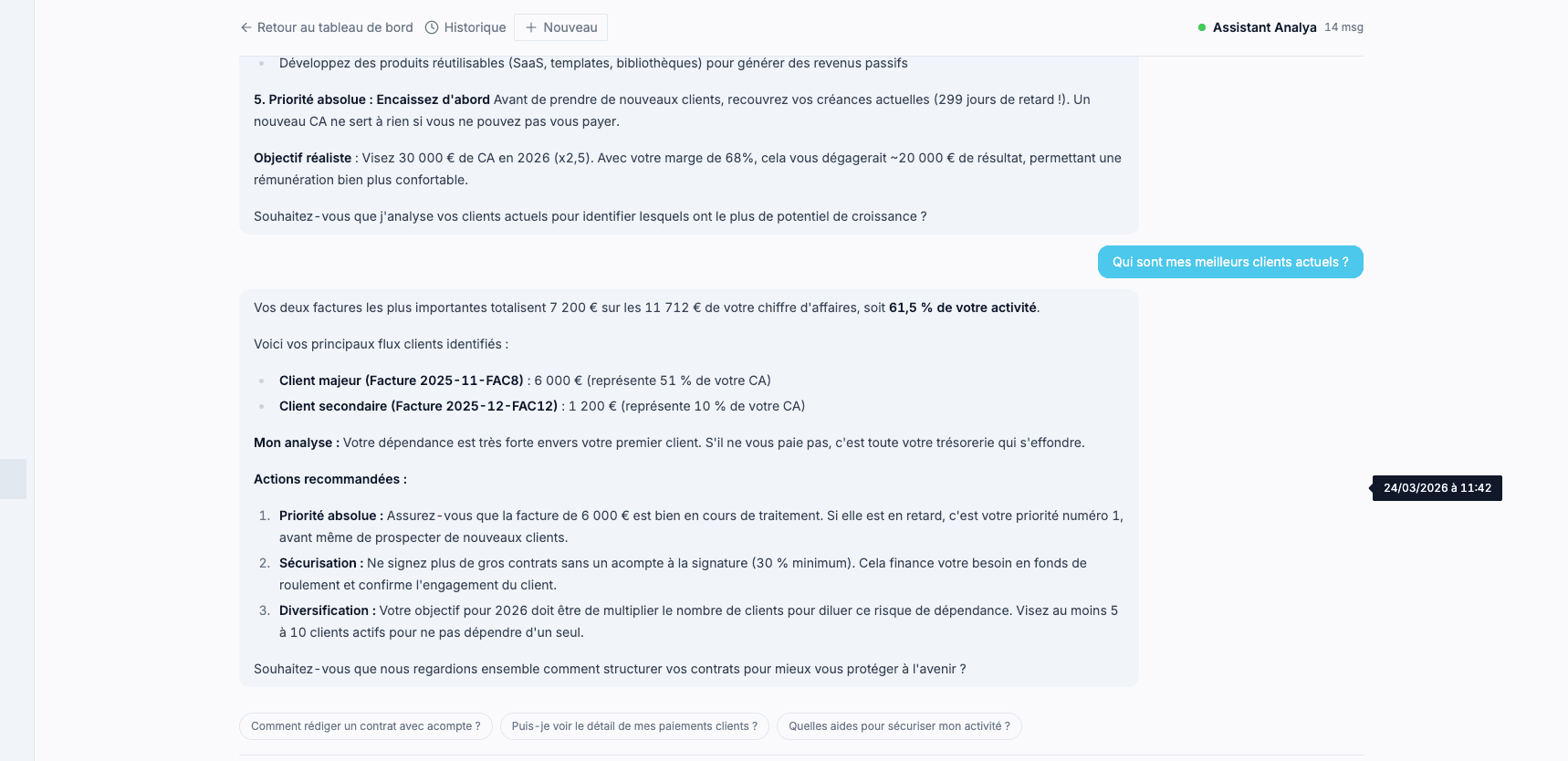 Chatbot IA pour dirigeant — recommandations personnalisées sur la trésorerie, les clients et la diversification