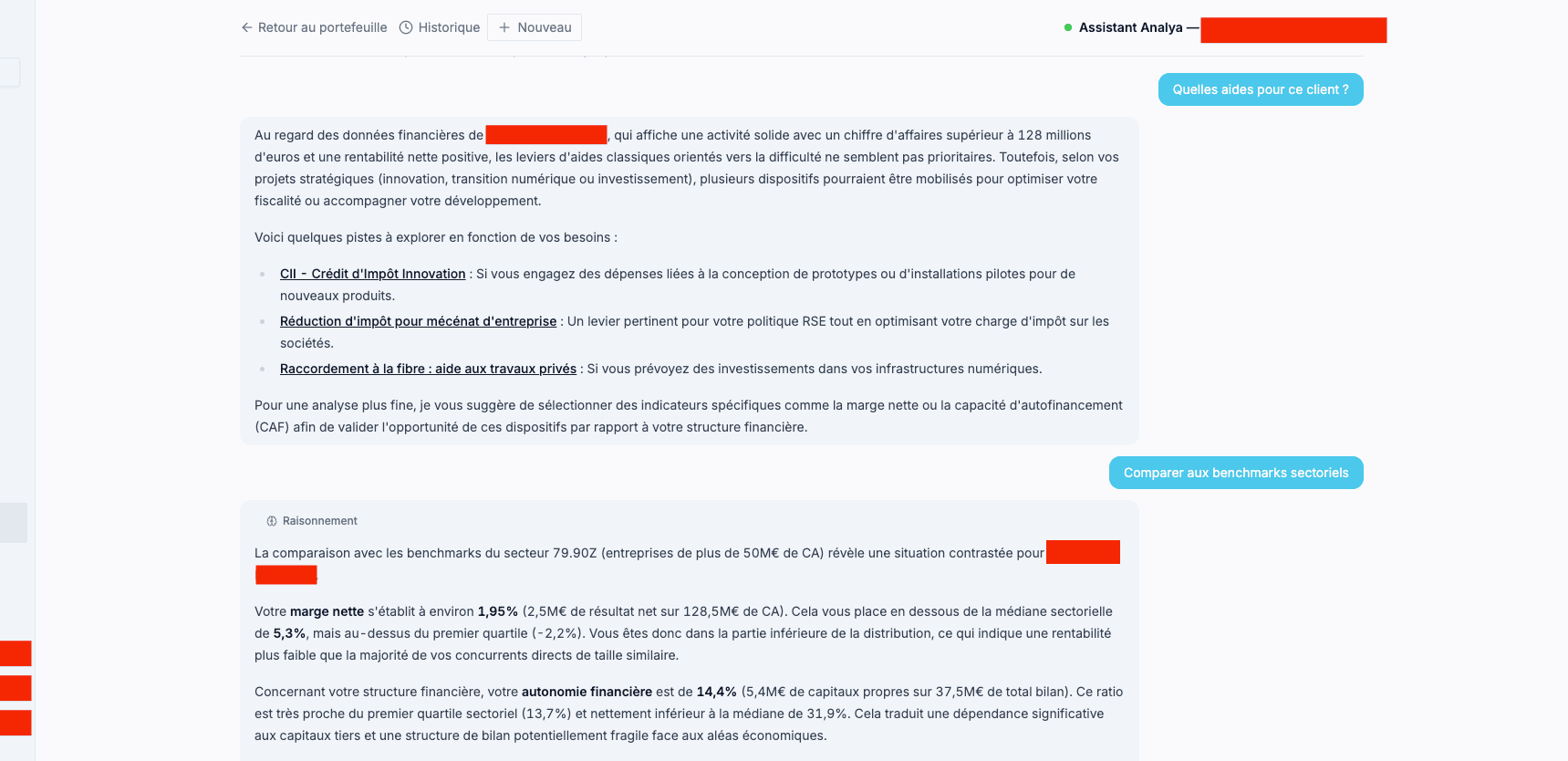 Chatbot IA contextuel pour expert-comptable — analyse financière d'un client avec benchmarks sectoriels et recommandations