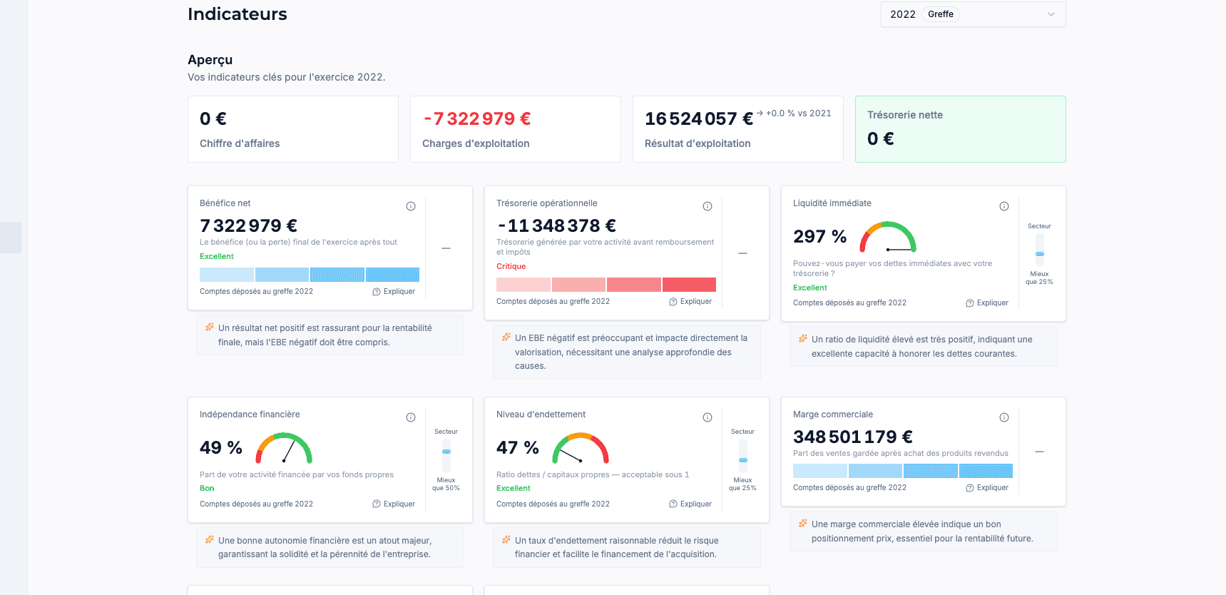 24 indicateurs financiers pour audit d'acquisition — trésorerie, endettement, rentabilité avec jauges et commentaires IA